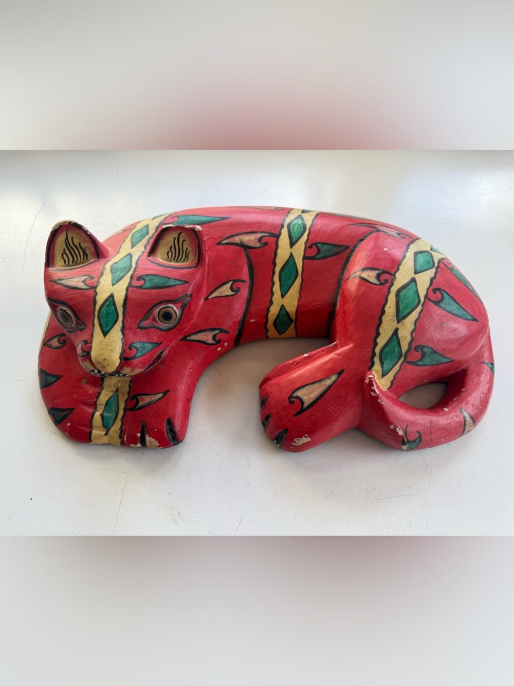 Vintage Carved Painted Folk Art Kitty Cat Statue Red Tribal Design Pier 1 Import